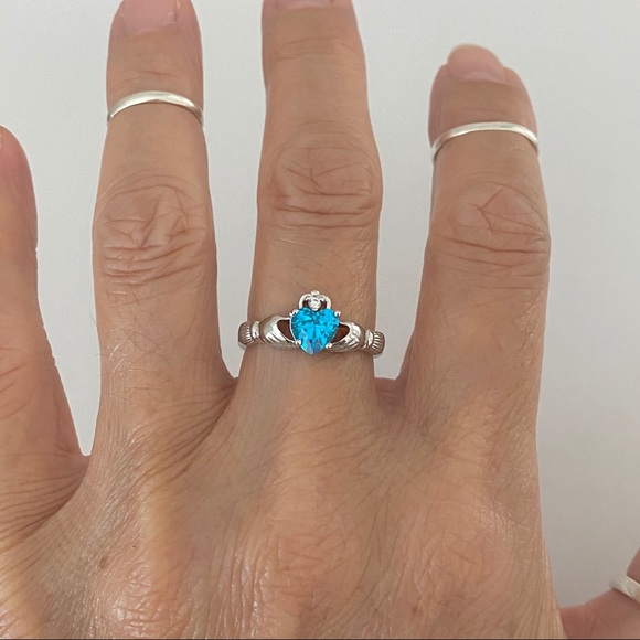 Sterling Silver Blue Topaz CZ Claddagh Ring, Irish Friendship Heart Jewelry - Picture 4 of 8